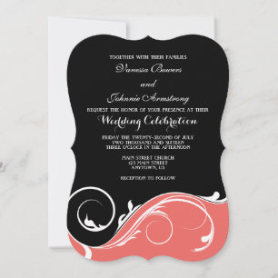 Invitation Coral Black Swirl Bracket Wedding Invite