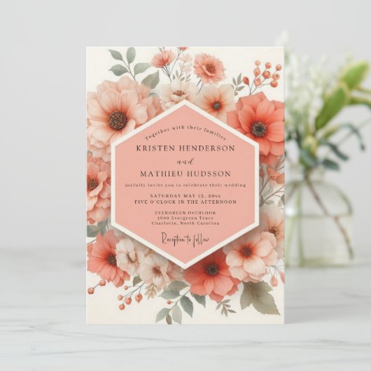 Invitation Coral Bloom Romantic Wedding (Debout devant)
