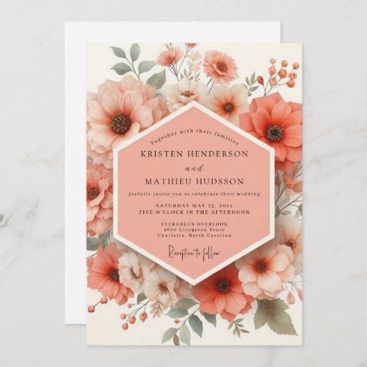 Invitation Coral Bloom Romantic Wedding (Devant / Derrière)