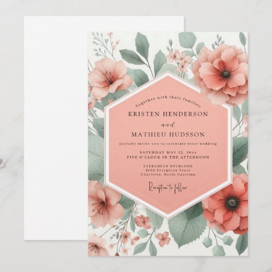 Invitation Coral Bloom Whimsical Wedding (Devant / Derrière)