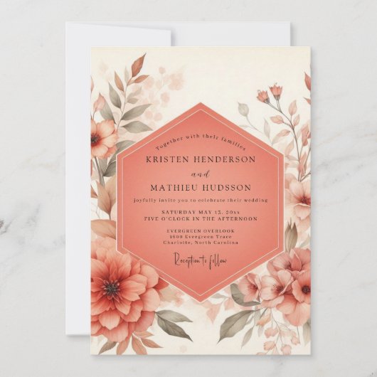 Invitation Coral Blossom Rustic Wedding (Devant)