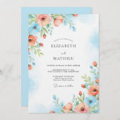 Invitation Coral Blue Painterly Bloom Wedding (Devant / Derrière)