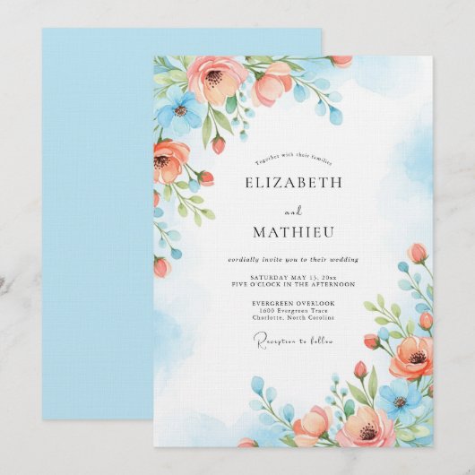 Invitation Coral Blue Painterly Bloom Wedding (Devant / Derrière)