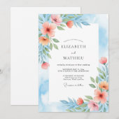 Invitation Coral Blue Painterly Botanical Wedding (Devant / Derrière)