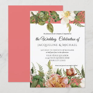 Invitation Coral Blush Floral Peony Mariage Rose feuille