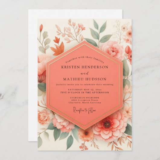 Invitation Coral Botanical Romance Wedding (Devant / Derrière)
