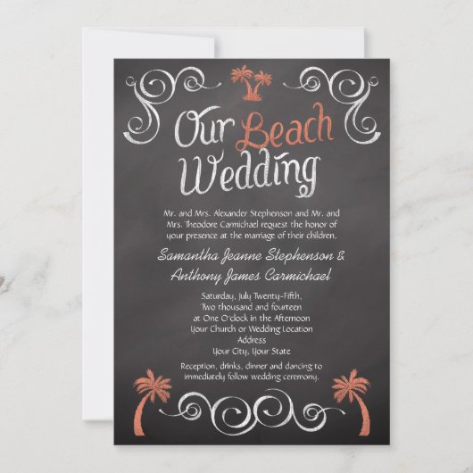 Invitation Coral Chalkboard Script Plage Mariage (Devant)