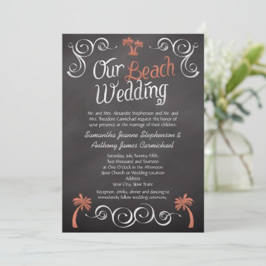Invitation Coral Chalkboard Script Plage Mariage (Debout devant)