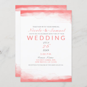 Invitation Coral chaud Bright Watercolor Moderne Chic Mariage