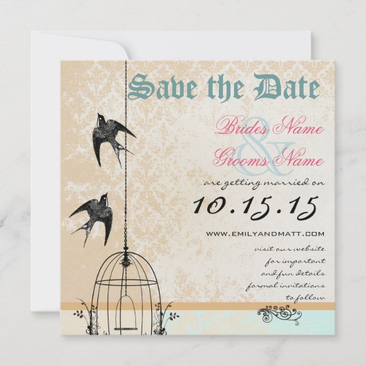 Invitation Coral Damask Bird Cage Wedding Enregistrer la date (Devant)