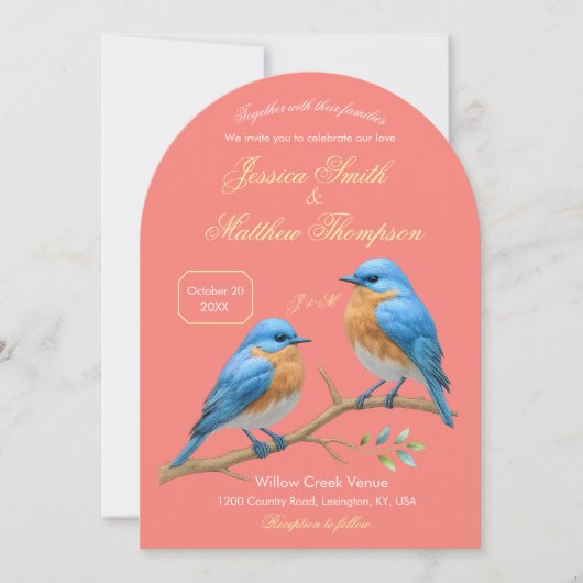 Invitation Coral doux Lovebirds Romantique Bluebirds Mariage (Devant)