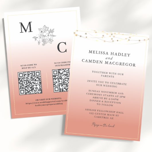Invitation Coral du désert Elegant QR Code Mariage