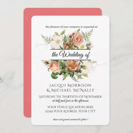 Invitation Coral et Brousse Peony, Rose w Fern Wreath Mariage (Devant / Derrière)