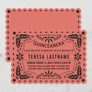 Invitation Coral et noir papel picado Quinceañera