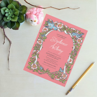 Invitation Coral Fleur sauvage Bird Floral Frontière Boho Mar