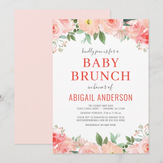 Invitation  Coral Floral Baby Brunch Peach Aquarelle   (Devant / Derrière)