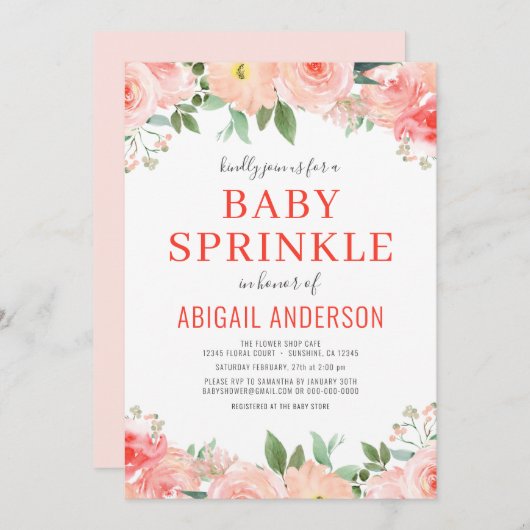 Invitation Coral Floral Bébé Paruline Aquarelle (Devant / Derrière)