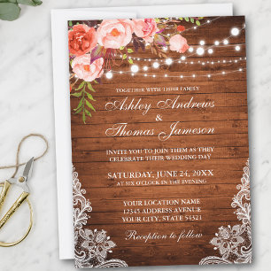 Invitation Coral Floral Rustique Mariage Lumière en bois