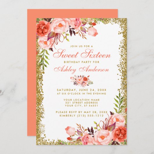 Invitation Coral Floral Sweet 16 Parties scintillant or Anniv (Devant / Derrière)