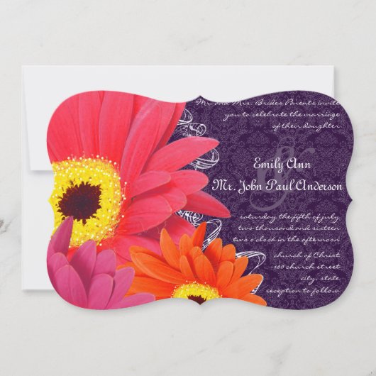Invitation Coral Fuchsia Eggplant Gerber Daisy Mariage (Devant)