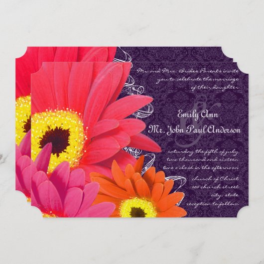 Invitation Coral Fuchsia Eggplant Gerber Daisy Mariage (Devant / Derrière)