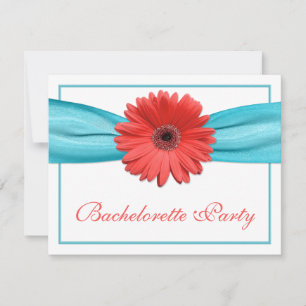 Invitation Coral Gerbera Daisy Aqua Ribbon Bachelorette