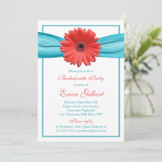 Invitation Coral Gerbera Daisy Aqua Ribbon Bachelorette (Debout devant)
