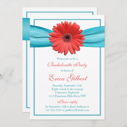 Invitation Coral Gerbera Daisy Aqua Ribbon Bachelorette (Devant / Derrière)