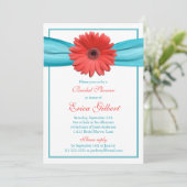 Invitation Coral Gerbera Daisy Aqua Ribbon Fête des mariées (Debout devant)