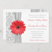 Invitation Coral Gerbera Daisy Grey Mariage damassé Invitatio (Devant / Derrière)