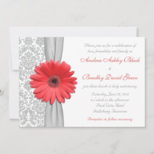 Invitation Coral Gerbera Daisy Grey Mariage damassé Invitatio