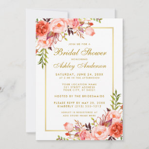 Invitation Coral Gold Floral Douche nuptiale