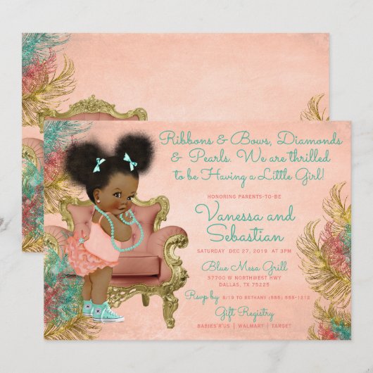 Invitation Coral Gold Mint Ribbons verts Bows Diamonds Pearl (Devant / Derrière)