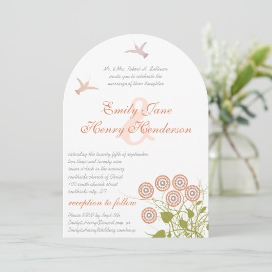 Invitation Coral Green Floral Hummingbird Inséparable Mariage (Debout devant)
