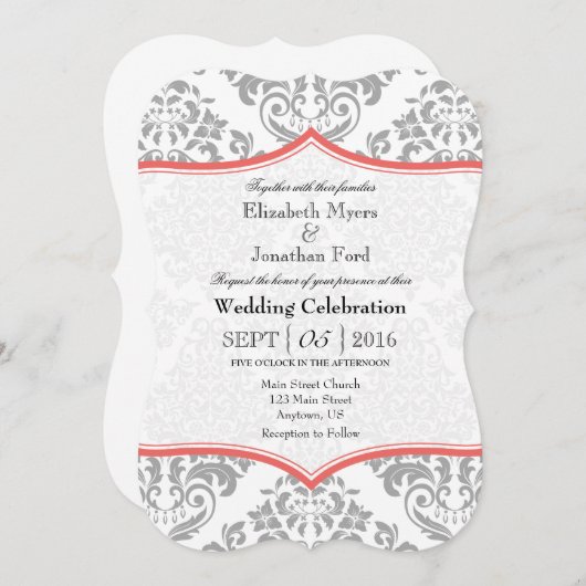 Invitation Coral Grey Damask Mariage de bracket (Devant / Derrière)