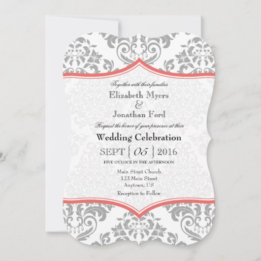 Invitation Coral Grey Damask Mariage de bracket (Devant)