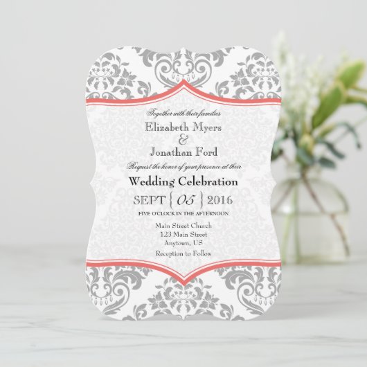 Invitation Coral Grey Damask Mariage de bracket (Debout devant)