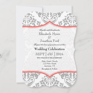 Invitation Coral Grey Damask Mariage de bracket