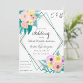 Invitation Coral Jaune Floral Aquarelle Geo Frame Mariage (Debout devant)