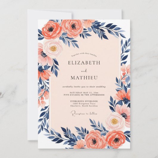 Invitation Coral Luminous Indigo Spring Wedding (Devant)