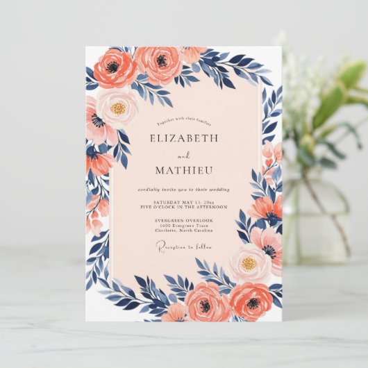 Invitation Coral Luminous Indigo Spring Wedding (Debout devant)