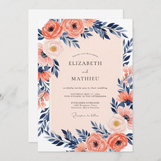 Invitation Coral Luminous Indigo Spring Wedding (Devant / Derrière)