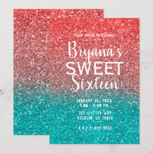 Invitation Coral Melon Orange Turquoise Aqua Paillettes Sweet