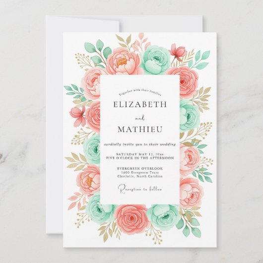 Invitation Coral Mint Romantic Botanical Wedding (Devant)