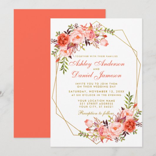 Invitation Coral moderne Floral or Mariage géométrique (Devant / Derrière)