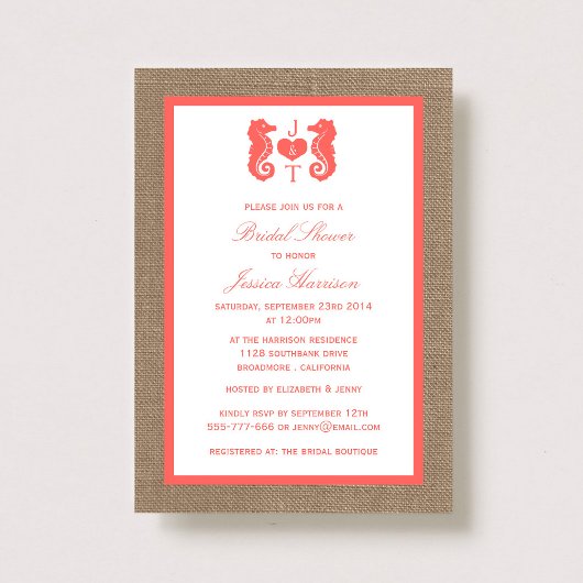 Invitation Coral Monogram Seahorse Beach Burlap Fête des mari