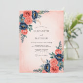 Invitation Coral Navy Blue Refined Floral Wedding (Debout devant)