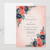 Invitation Coral Navy Blue Refined Floral Wedding (Devant / Derrière)