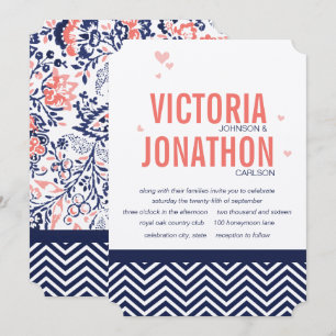 Invitation Coral Navy et Coral Zig Zag et Floral Mariage