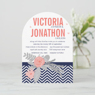 Invitation Coral Navy et Coral Zig Zag et Floral Mariage
